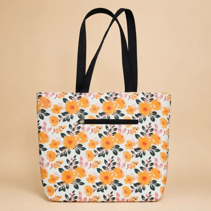 Premium orange floral printed soft cotton tote bag with black handles
