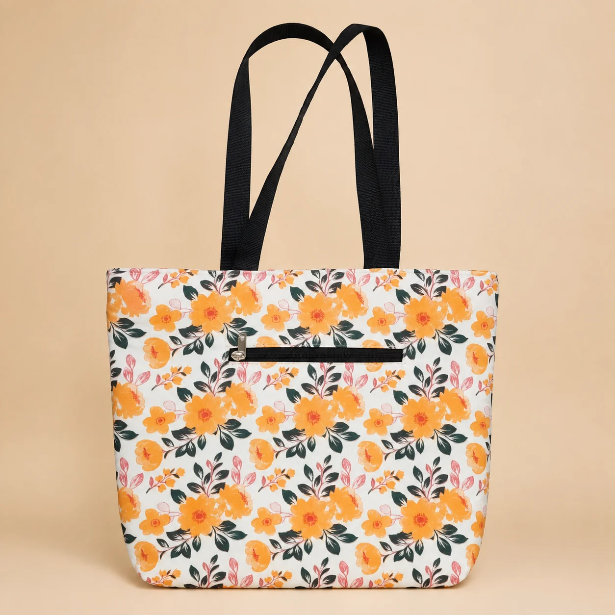 Premium orange floral printed soft cotton tote bag with black handles