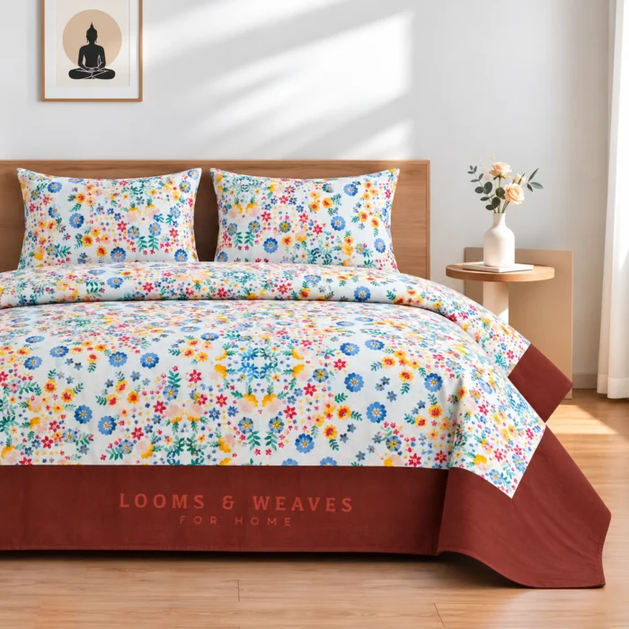 Pastel multicolour floral King border bedspread with 2 pillow covers