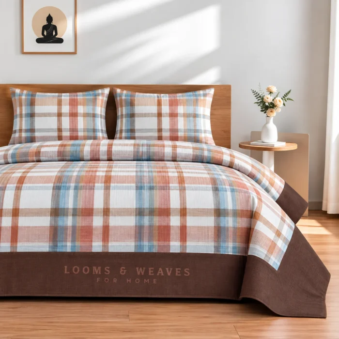 Pastel blue plaid Queen bedspread with brown border