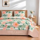 Sage green and peach floral King border bedspread with 2 pillow covers
