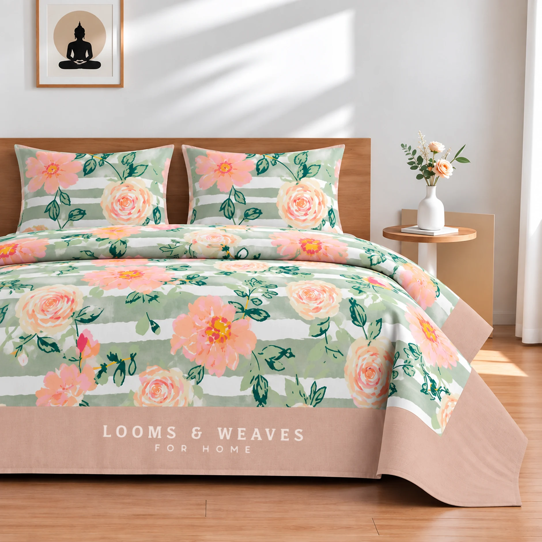 Sage green and peach floral King border bedspread with 2 pillow covers