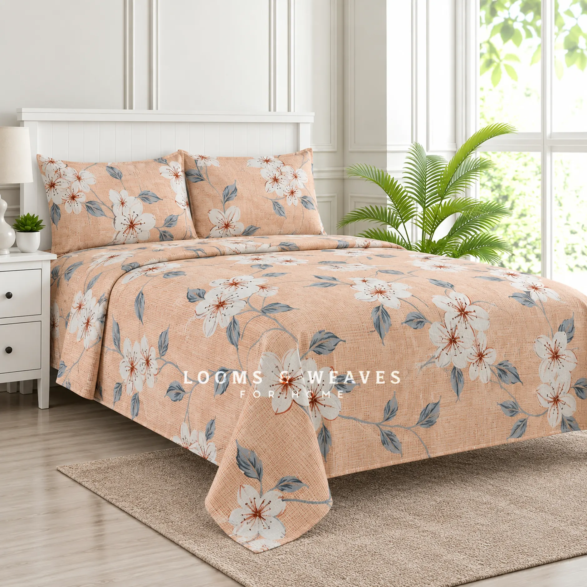Peach floral Super King bedspread with white blossoms and 2 matching pillow covers