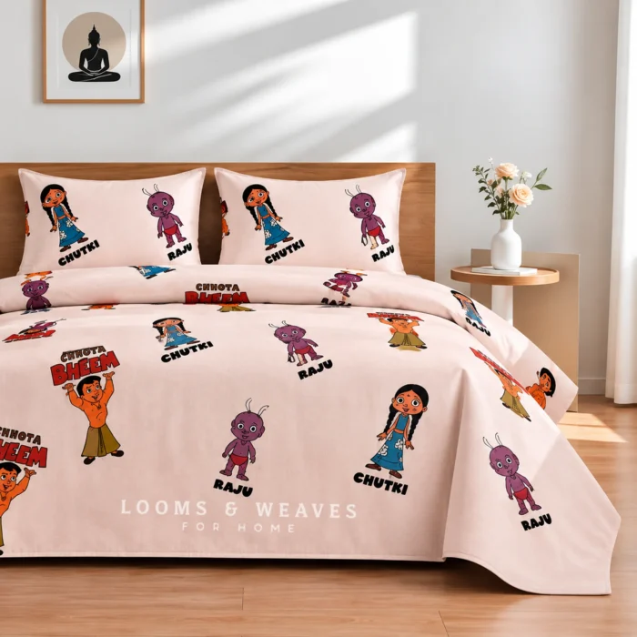 Peach Chhota Bheem King border bedspread with 2 pillow covers