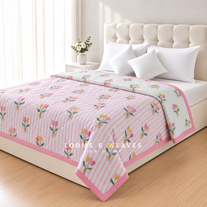 Blush pink floral stripe cotton dohar with colourful flower print and pink border