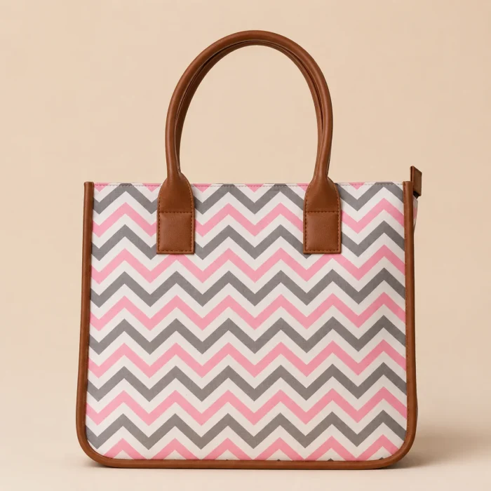 Premium pink and grey chevron jacquard tote bag with brown handles