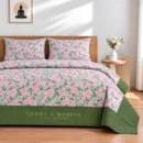 Pink floral green border Queen bedspread with 2 pillow covers