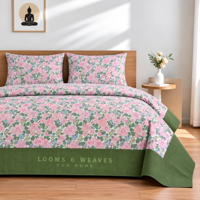 Pink floral green border Queen bedspread with 2 pillow covers