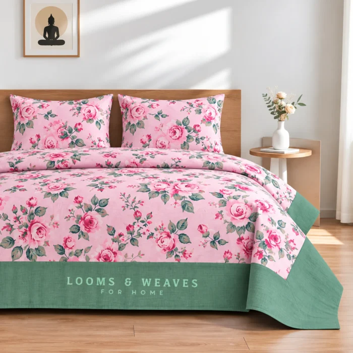 Pink rose garden King border bedspread with 2 pillow covers