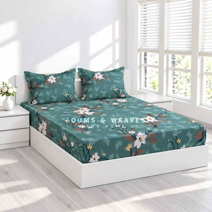 Teal blossom garden king fitted bedspread with 2 matching floral pillow covers