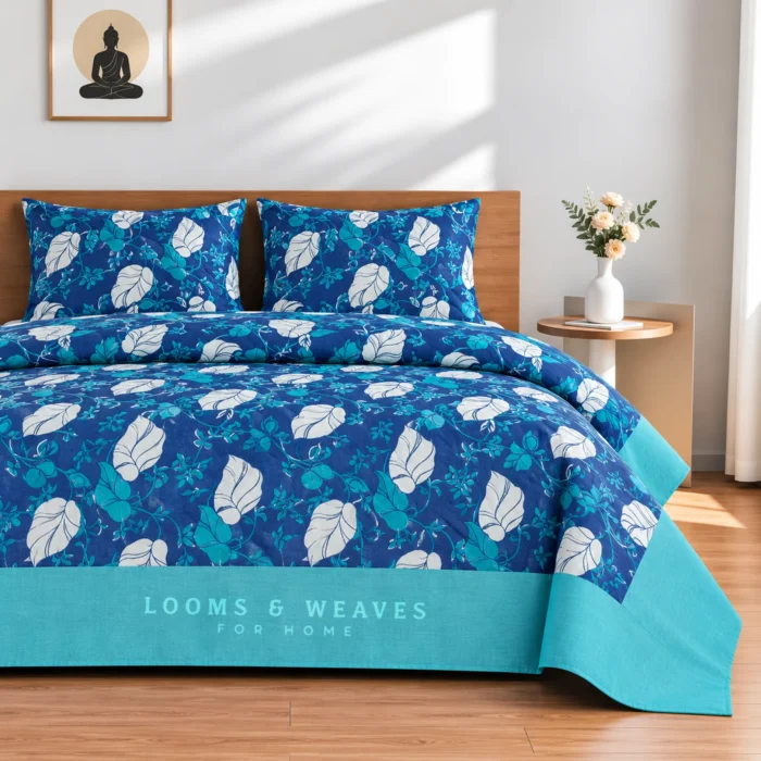 Teal tropical leaf Queen border bedspread with 2 pillow covers