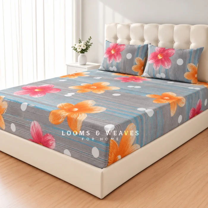 Tropical bloom floral queen fitted bedspread with pink and orange flowers and 2 pillow covers