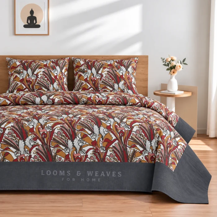 Rust printed King bedspread with matching pillow covers