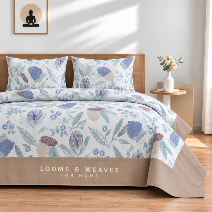 White blue botanica King border bedspread with 2 pillow covers