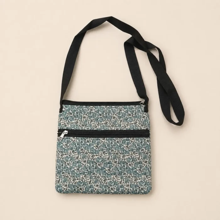 White and green printed sling bag with floral pattern and black adjustable strap